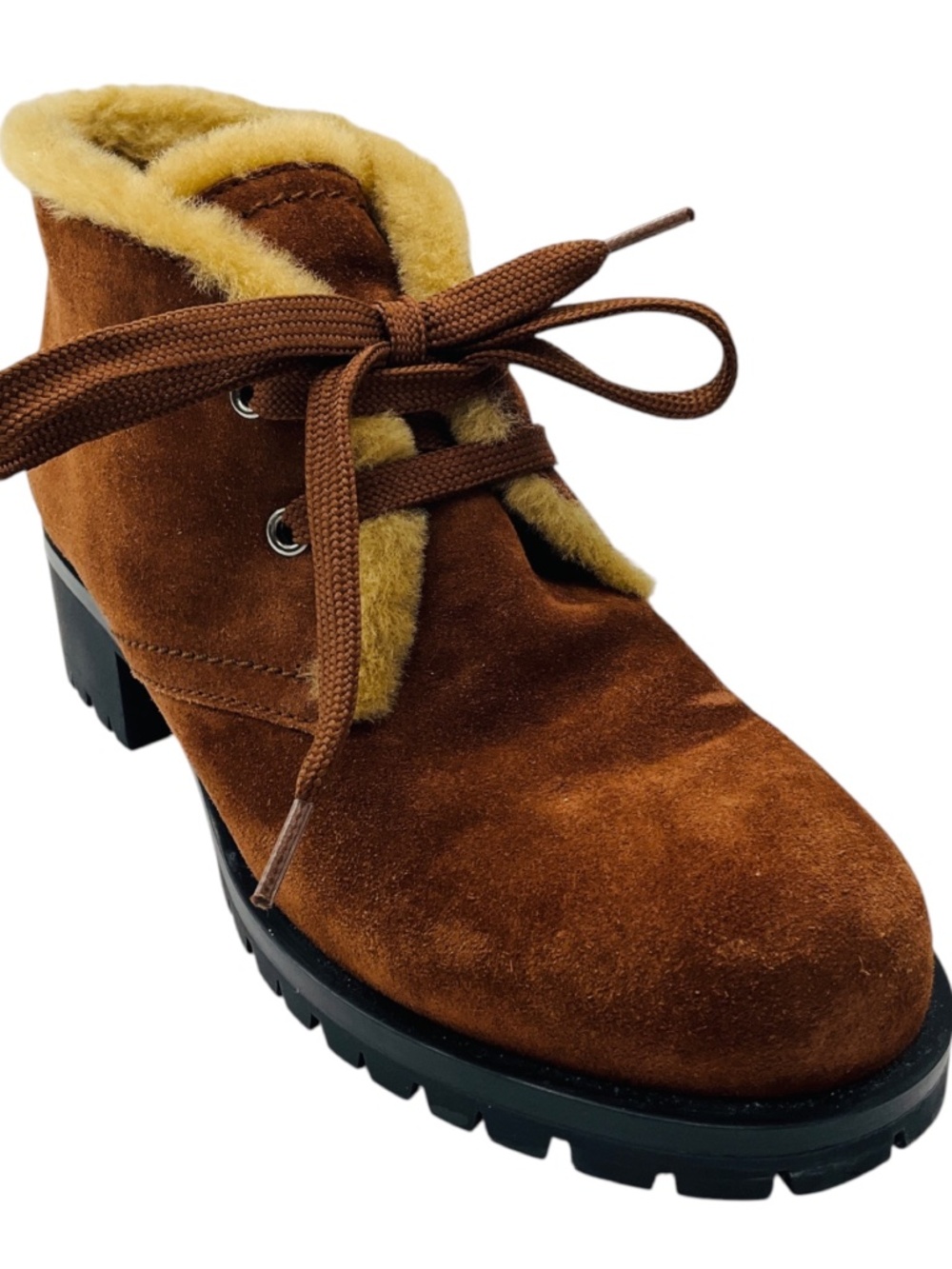 PRADA BROWN / TAN SHEARLING LINED SUEDE ANKLE BOOTS WITH LUG SOLES